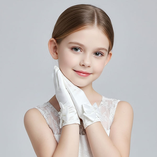 Elegant Flower Girl Gloves with Satin Bow & Pearl Flower