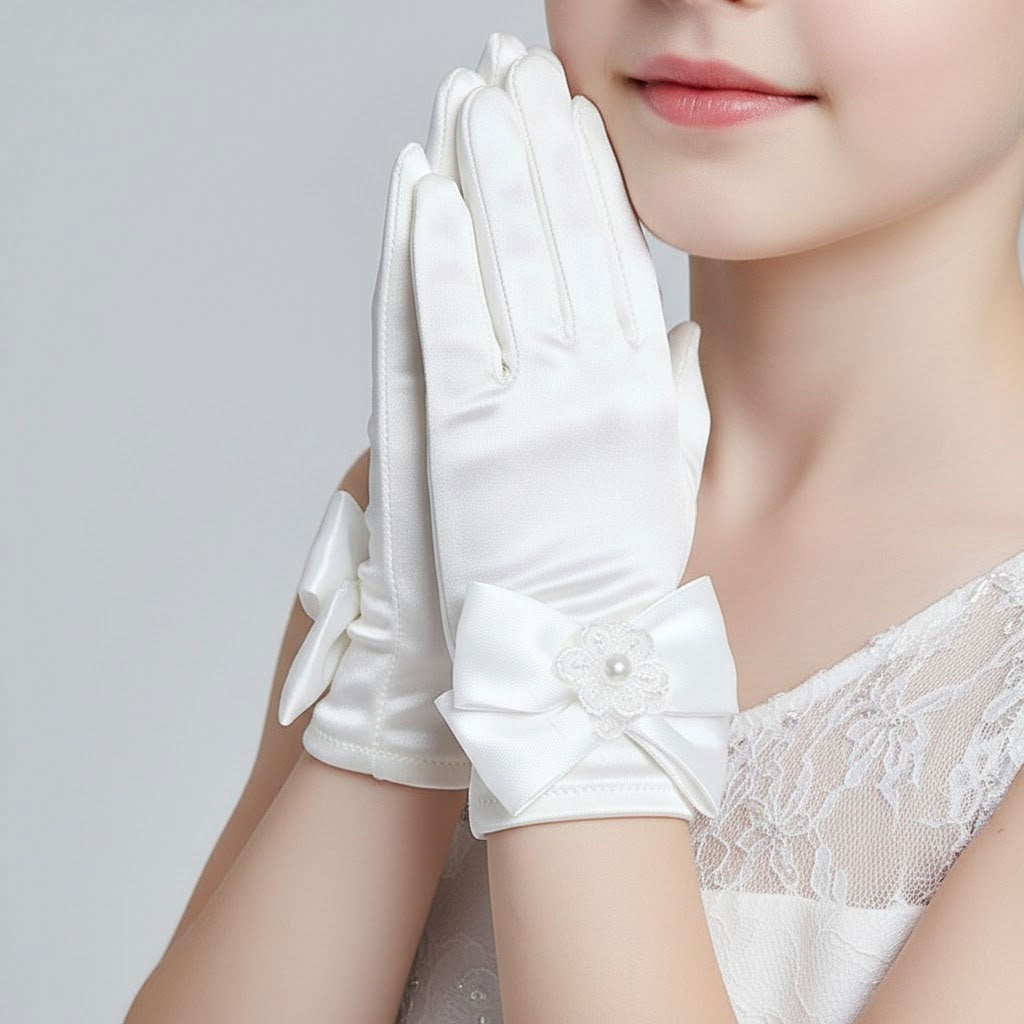 Elegant Flower Girl Gloves with Satin Bow & Pearl Flower
