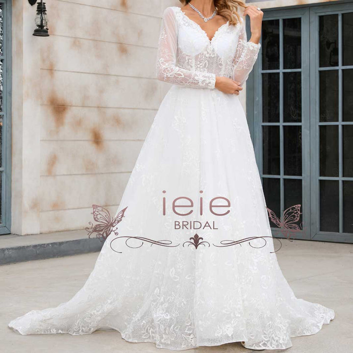 Lace A-line Wedding Dress with Long Sleeves X1004
