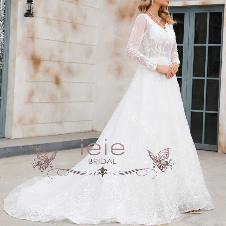 Lace A-line Wedding Dress with Long Sleeves X1004