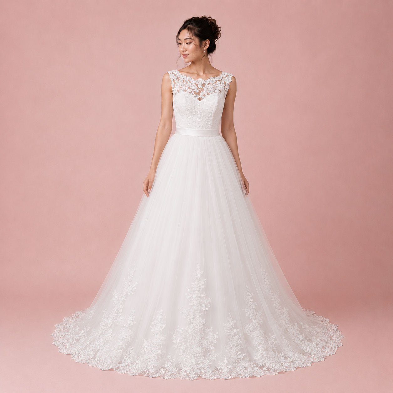 Lace Ball Gown Wedding Dress with Illusion Boat Neckline | VANA