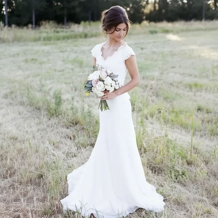 Elegant Modest Lace Wedding Dress With Scallop Lace V-Neck And Cap Sleeves | Mary Elegant Modest Lace Wedding Dress With Scallop Lace V-Neck And Cap Sleeves | Mary