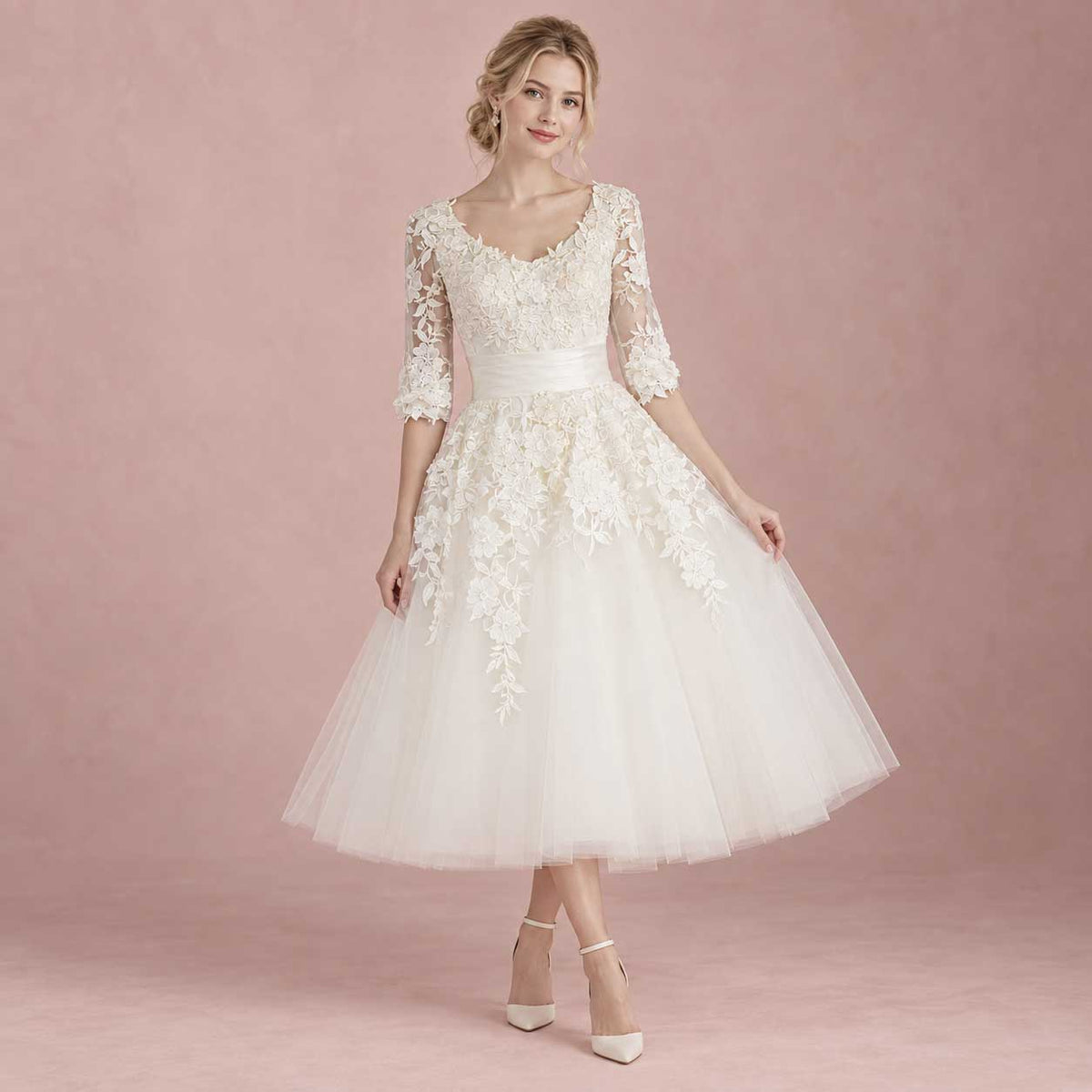 Long Sleeves Wedding Dress Short Retro Tea Length Wedding Dress | Marina