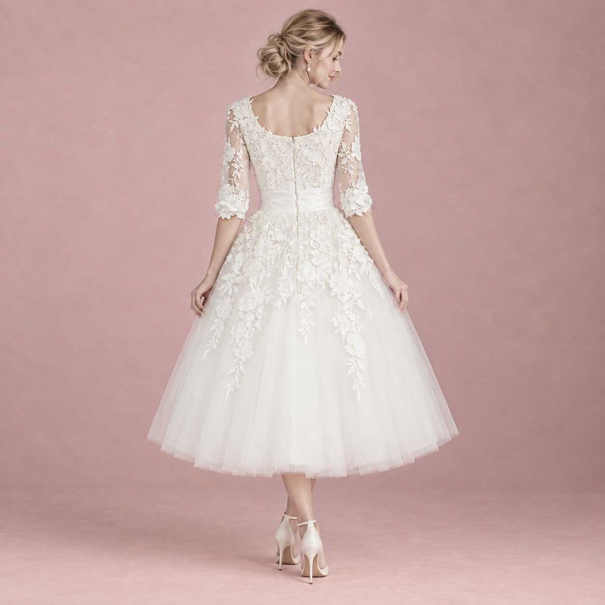 Long Sleeves Wedding Dress Short Retro Tea Length Wedding Dress | Marina