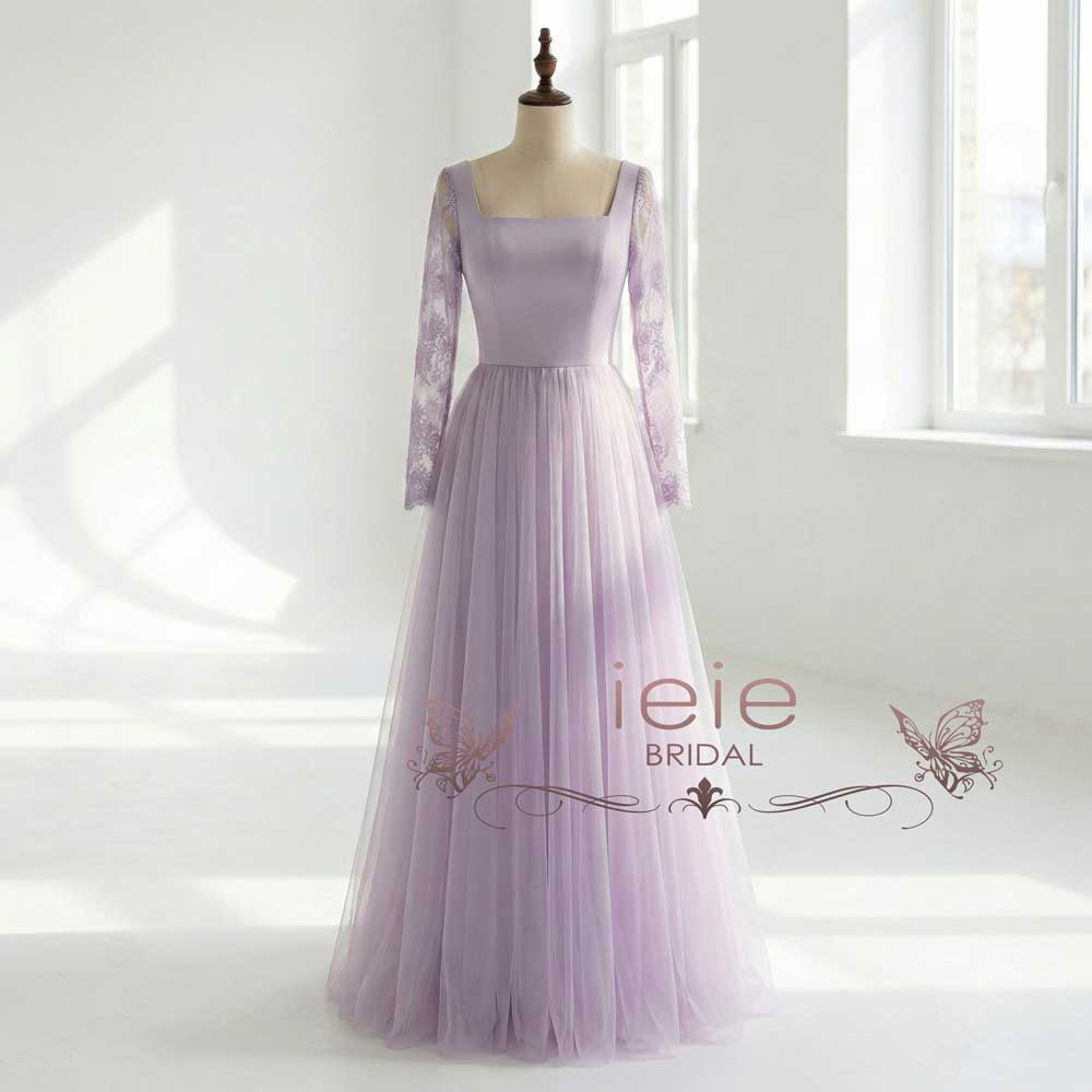 Lavender Purple Lace Wedding Dress with Long Sleeves | VIOLIA