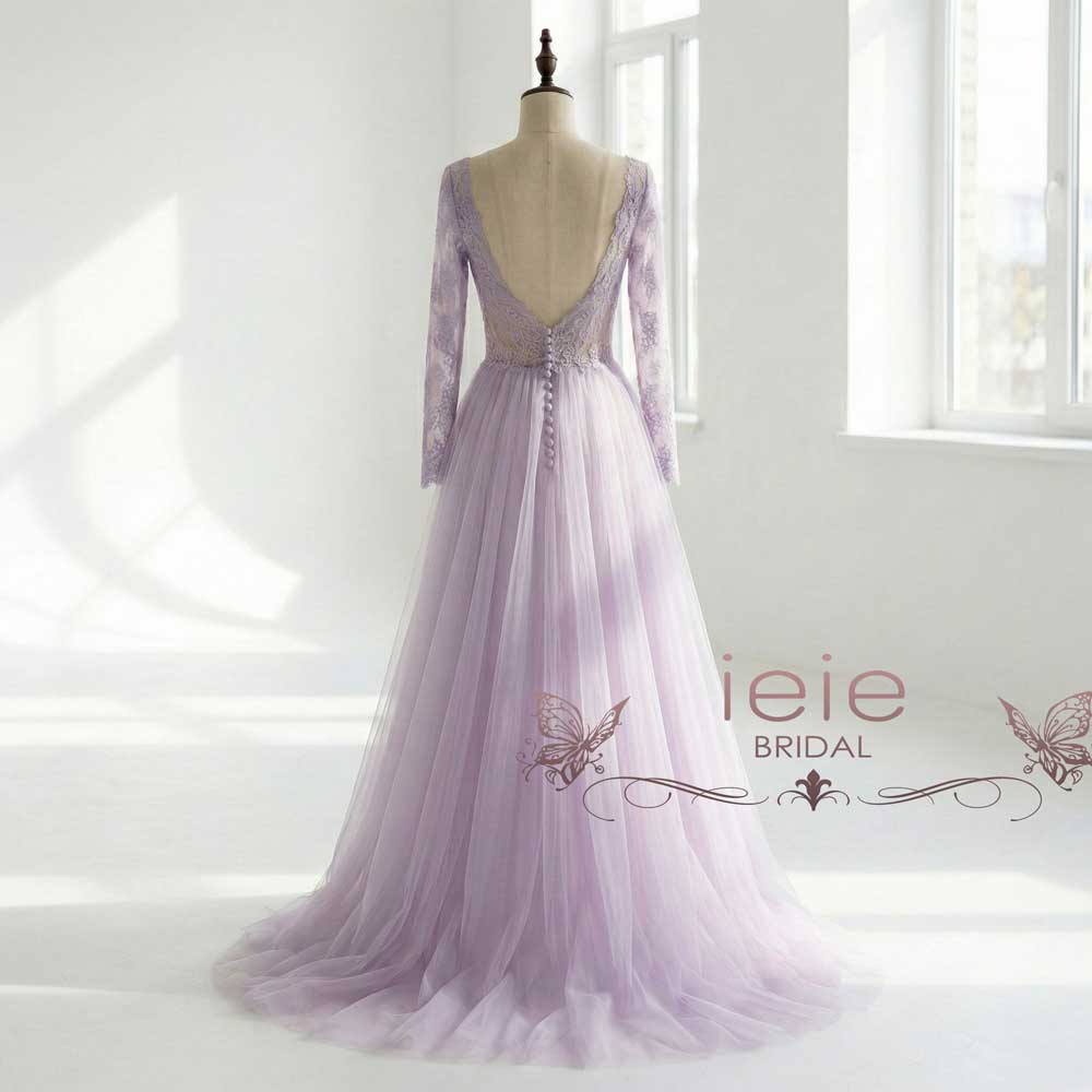 Lavender Purple Lace Wedding Dress with Long Sleeves | VIOLIA
