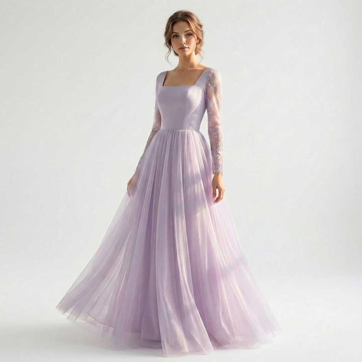 Lavender Purple Lace Wedding Dress with Long Sleeves