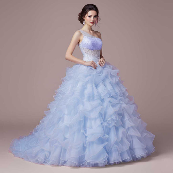 Blue One Shoulder Ruffles Ball Gown Wedding Dress COCO