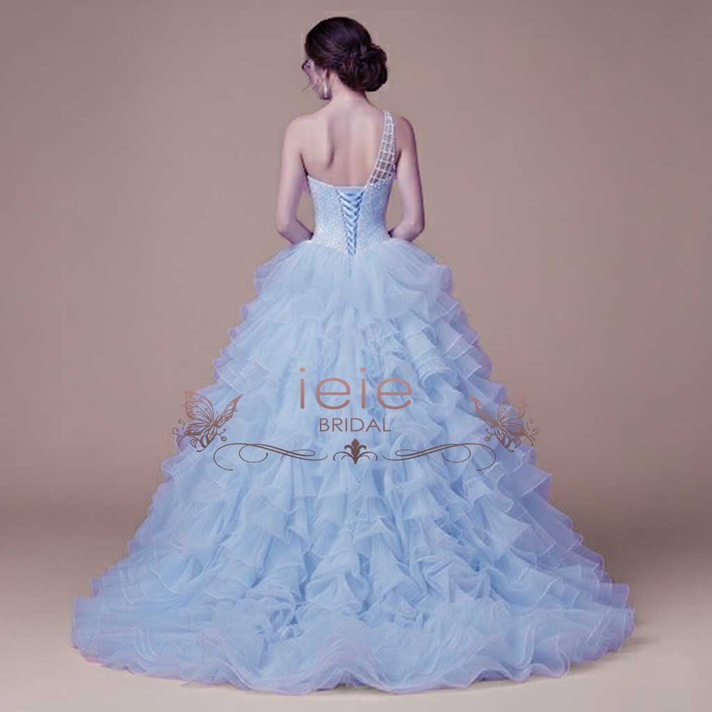 Blue One Shoulder Ruffles Ball Gown Wedding Dress COCO