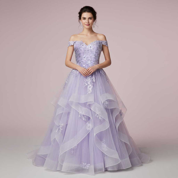 Enchanting Lilac Purple Ball Gown Wedding Dress with Off Shoulder Straps | KARENA