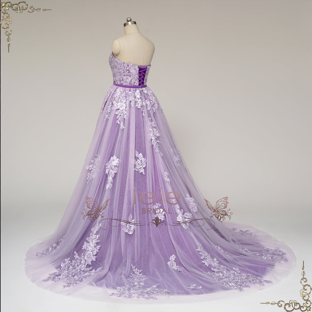 Convertible Purple Lace Wedding Dress with Overskirt | VASPER