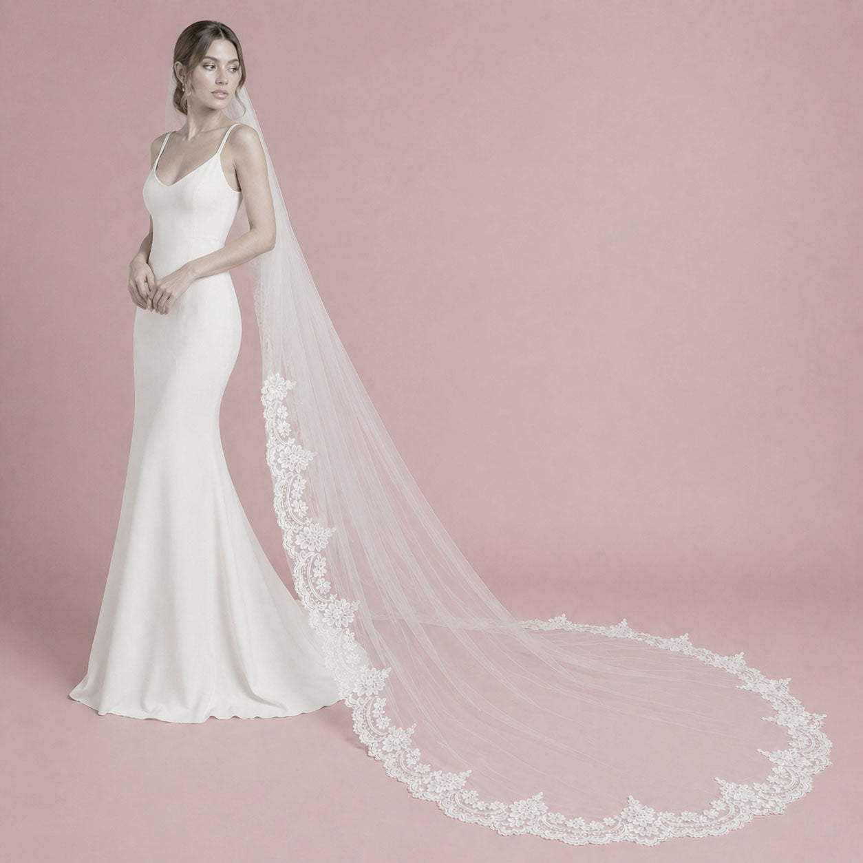 One Layer Cathedral Wedding Veil with Lace from Midway VG1081