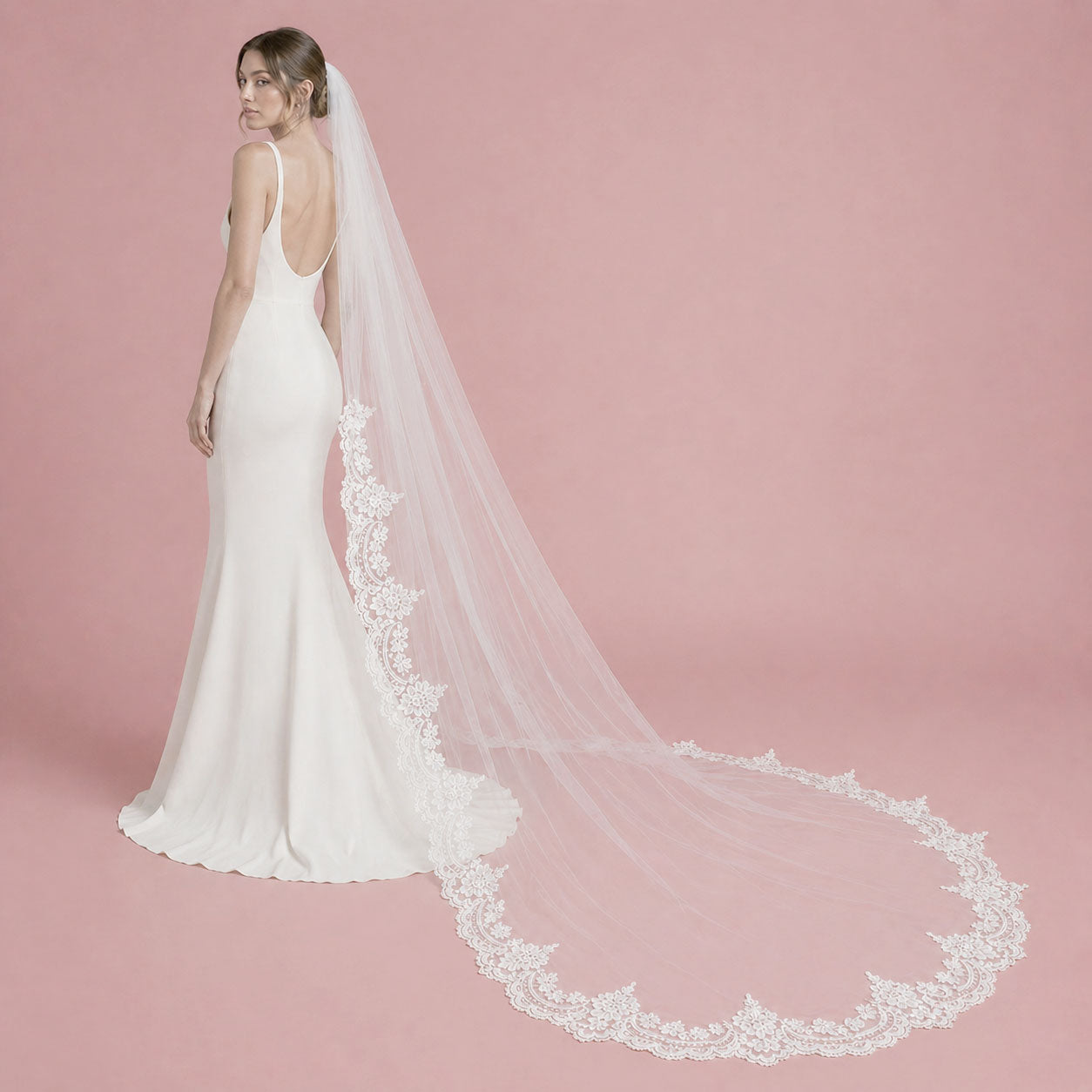 One Layer Cathedral Wedding Veil with Lace from Midway VG1081