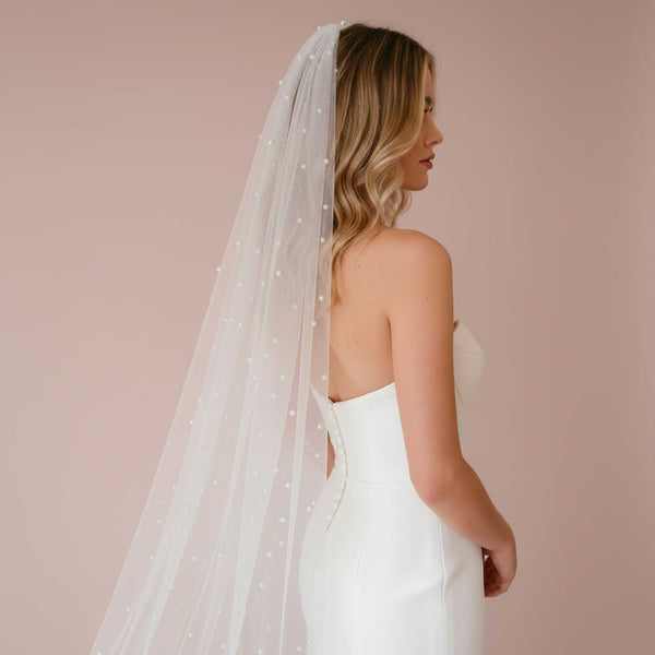 Long Cathedral Wedding Veil with Pearls VG3049