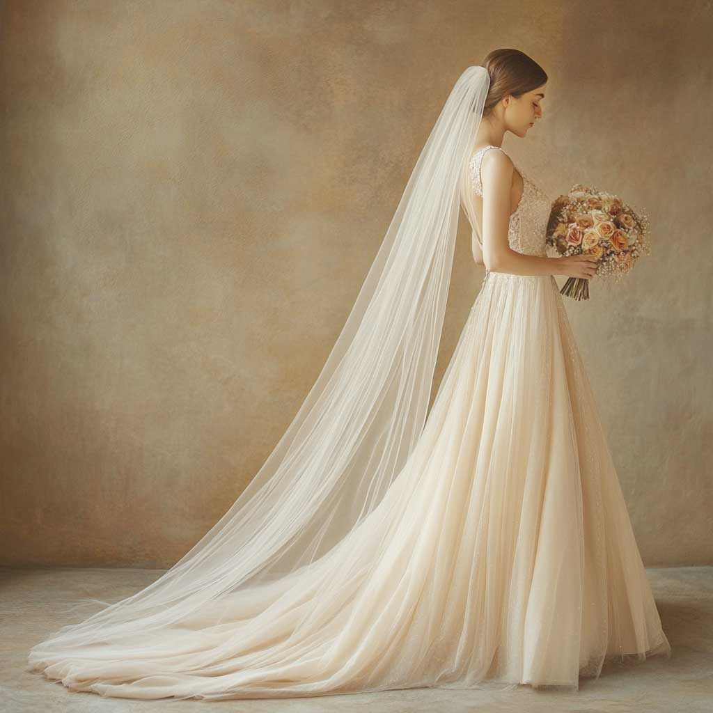 champagne wedding dress with ivory veil Champagne A-Line Wedding Gown w/ Lace Bodice & Plunging Neckline