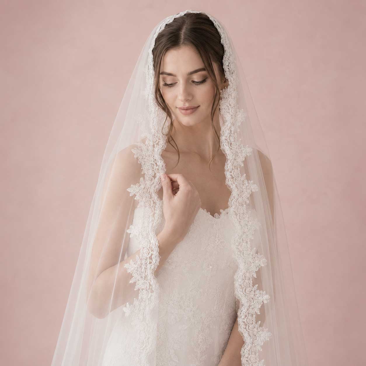 Long Cathedral and Chapel Length Lace Mantilla Wedding Veil VG1001