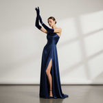 Long Navy Blue Velvet Opera Gloves for Formal Evening Dress