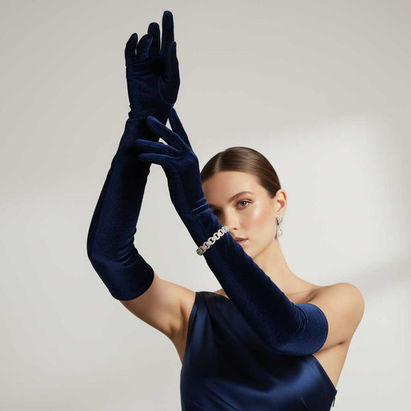 Long Navy Blue Velvet Opera Gloves for Formal Evening Dress