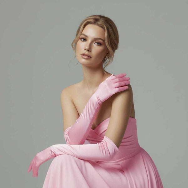Pink Long Satin Gloves for Opera, Black Tie, Gala, Formal Occasions AC1011