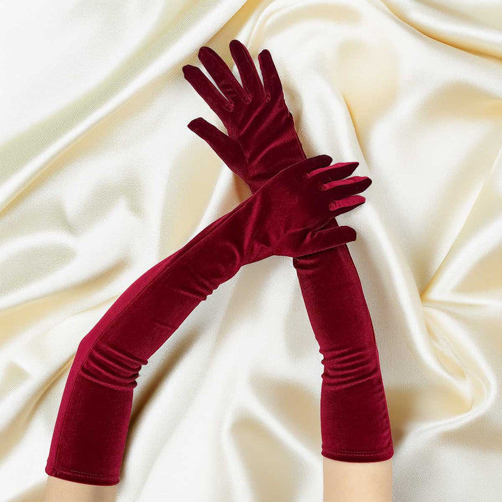 Long Burgundy Dark Red Velvet Opera Evening Gloves AC1017