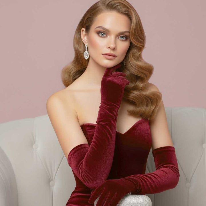 Long Burgundy Dark Red Velvet Opera Evening Gloves AC1017 Long Burgundy Dark Red Velvet Opera Evening Gloves AC1017