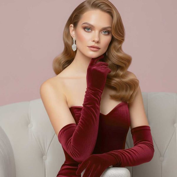 Long Burgundy Dark Red Velvet Opera Evening Gloves AC1017