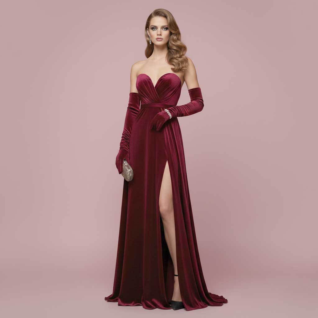 Long Burgundy Dark Red Velvet Opera Evening Gloves AC1017