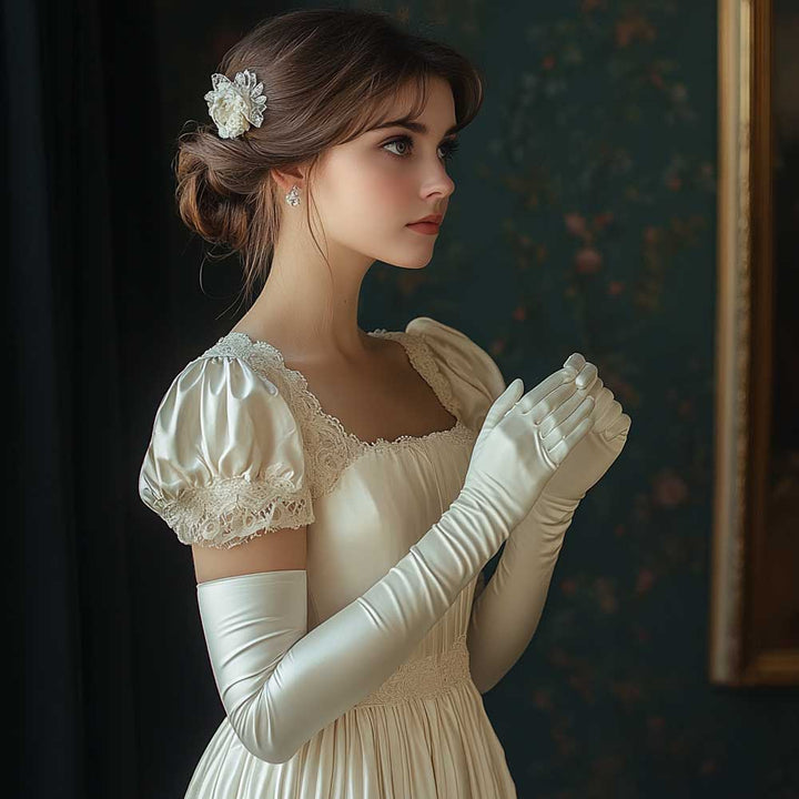 White Ivory Long Satin Gloves for Weddings, Debutante, Regency Bridgerton Balls AC1011