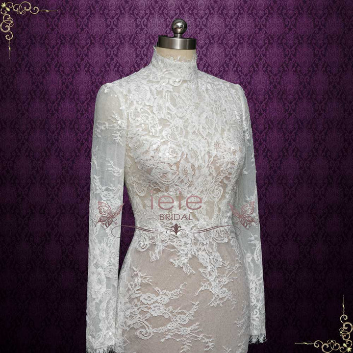 Fitted Lace Wedding Dress with High Neck and Long Sleeves | ALEAH Size 16W / Ivory/Champagne Fitted Lace Wedding Dress with High Neck and Long Sleeves | ALEAH Size 16W / Ivory/Champagne