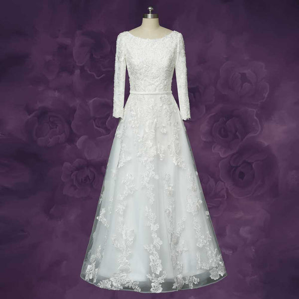 Slim A-line Lace Wedding Dress with Long Sleeves | BELLARIS