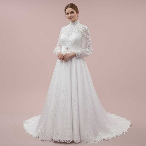 Long Sleeves Lace Wedding Dress with High Neck | Benedicta