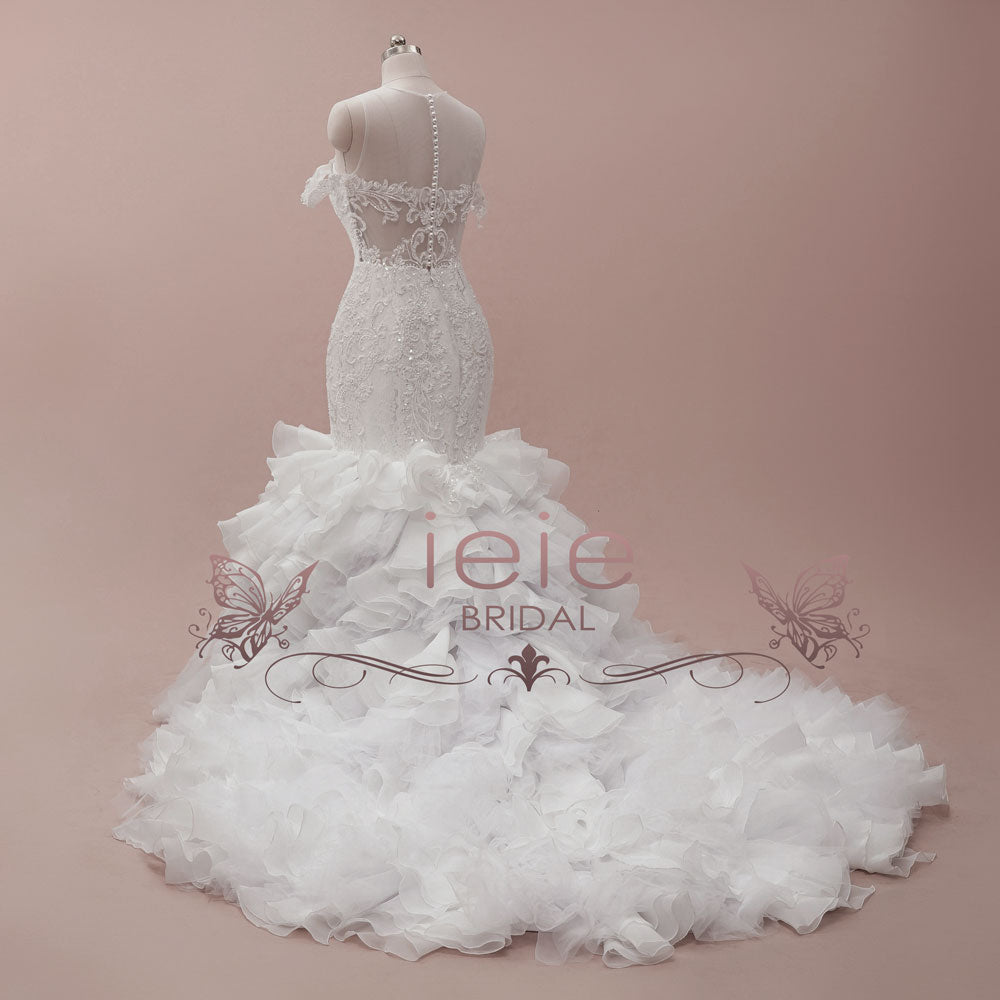 mermaid wedding dress ruffles Vintage Satin Layered Mermaid Wedding Dress with Tiered Skirt, Ruffle Sweetheart Neckline, and Chapel Train