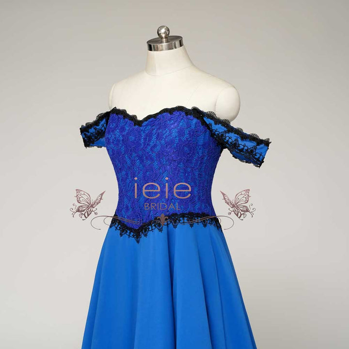 Fantasy Theme Royal Blue Lace Wedding Dress with Black Cape | MAUDE