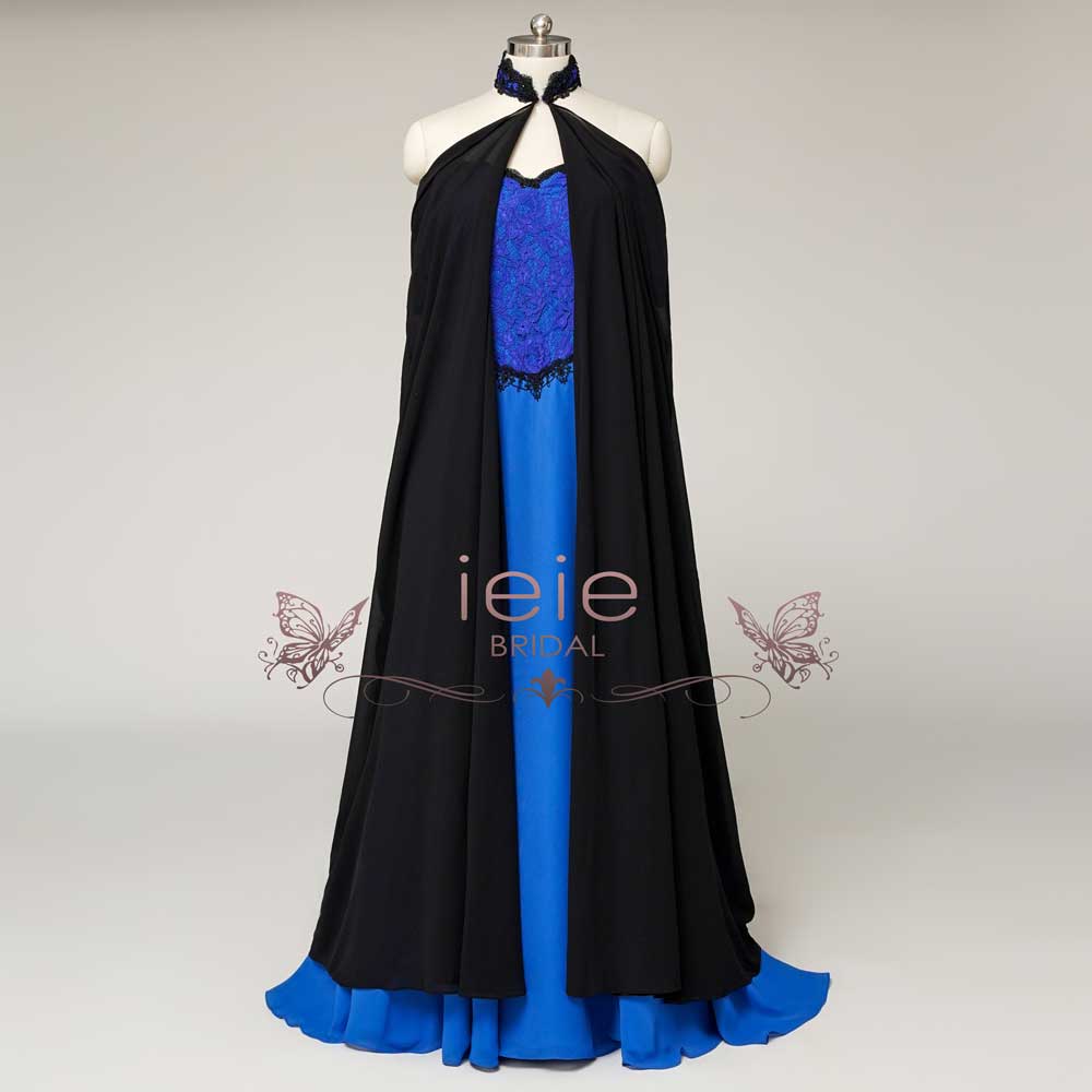 Fantasy Theme Royal Blue Lace Wedding Dress with Black Cape