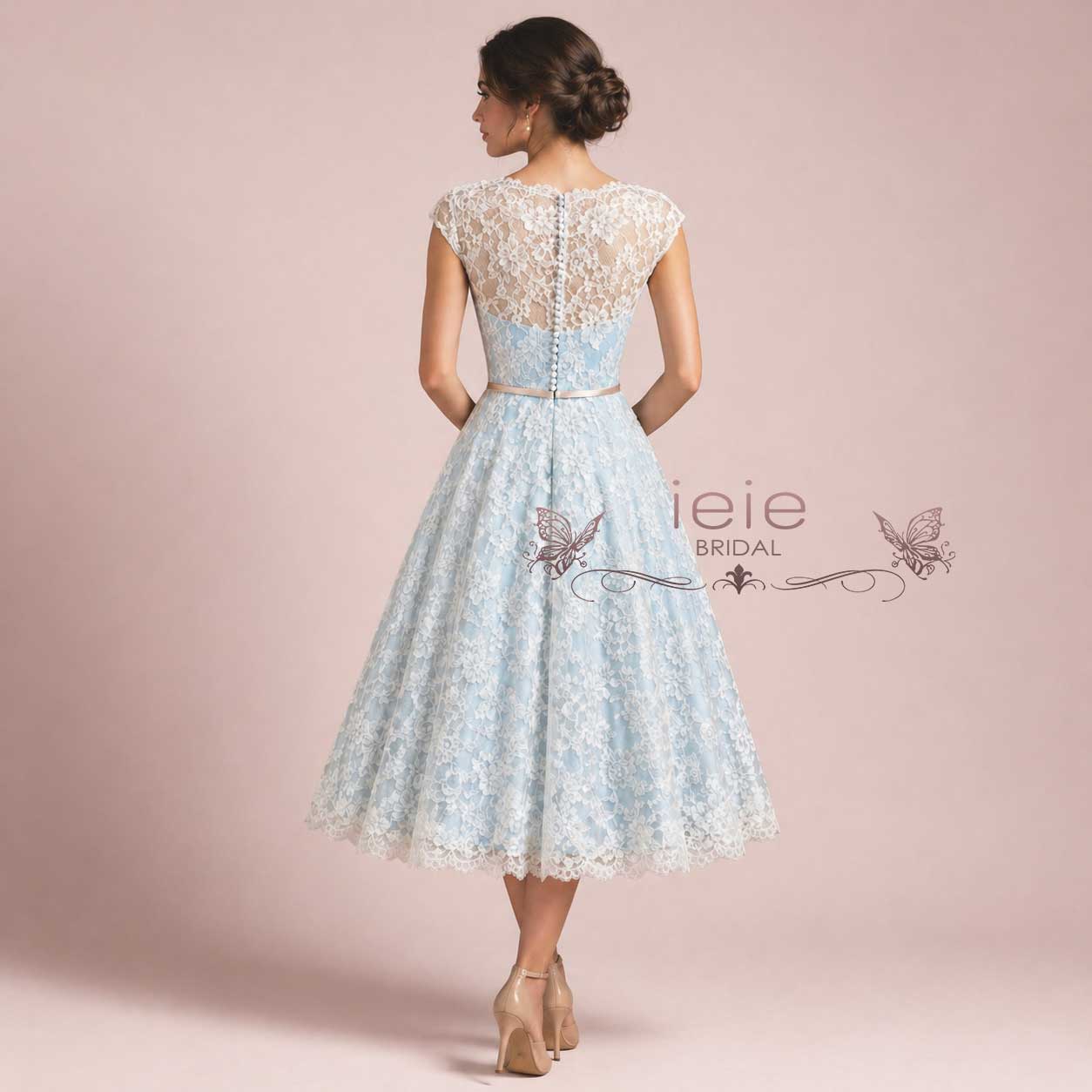 Ice Blue Vintage Lace Tea Length Wedding Dress SHANNON Size 4 / Blue