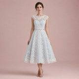 Ice Blue Vintage Lace Tea Length Wedding Dress SHANNON