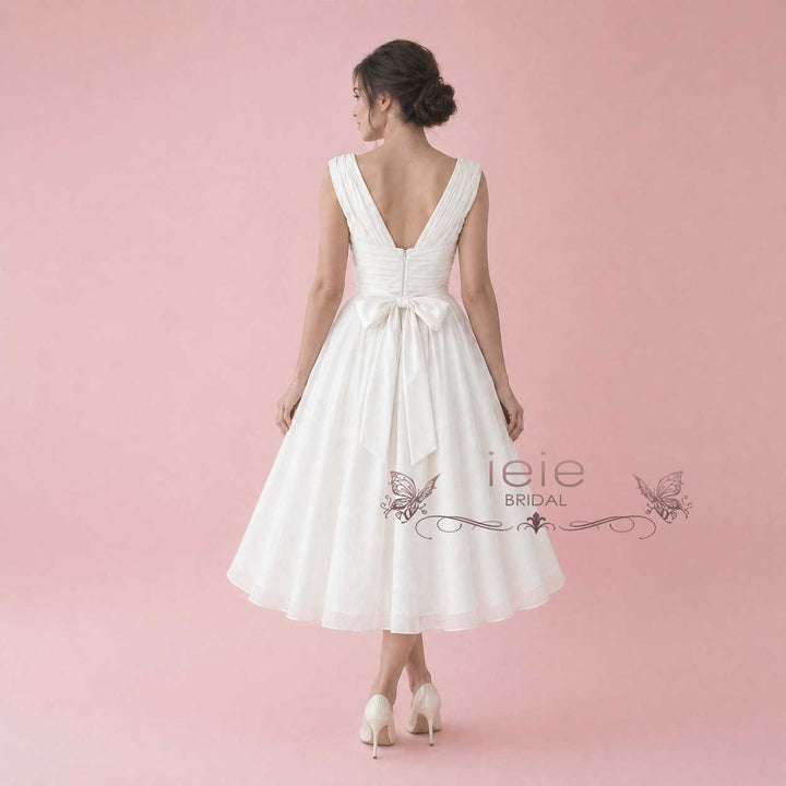 Midi Retro Tea Length Chiffon Wedding Dress with Cowl Neck KARIN – ieie