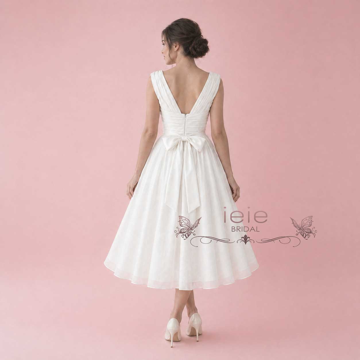 Midi Tea Length Chiffon Wedding Dress with Cowl Neck | KARIN