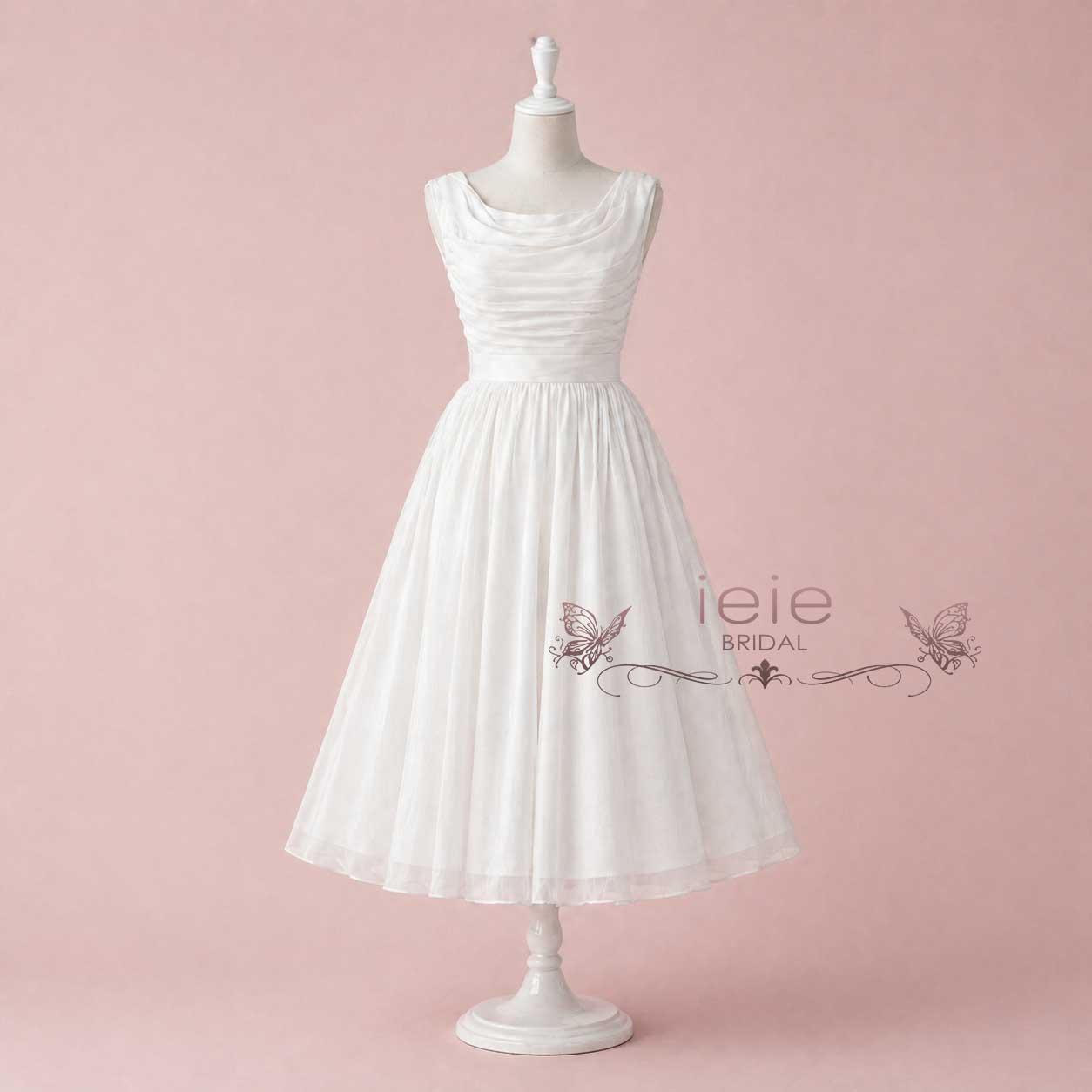 Midi Retro Tea Length Chiffon Wedding Dress with Cowl Neck KARIN – ieie