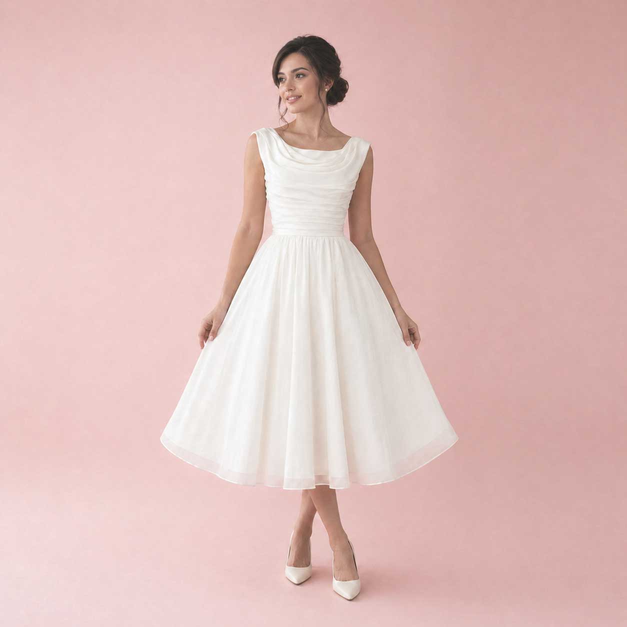 Midi Tea Length Chiffon Wedding Dress with Cowl Neck