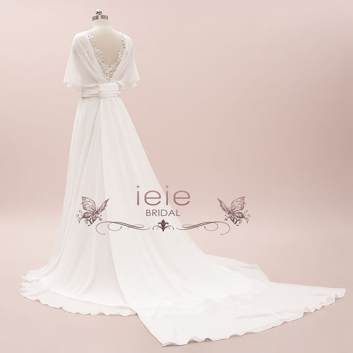 Minimalist Elegant Chiffon Wedding Dress with Short Sleeves | ELRIN