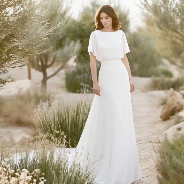 Minimalist Elegant Chiffon Wedding Dress with Short Sleeves | ELRIN