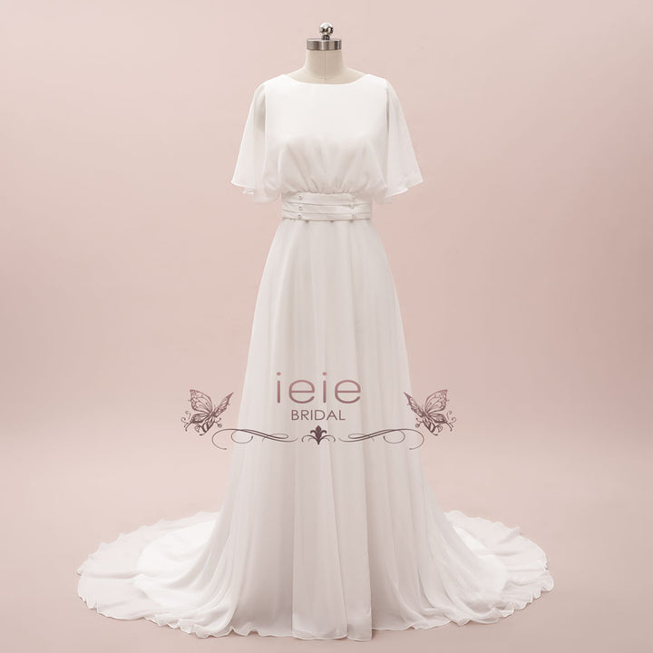 Minimalist Elegant Chiffon Wedding Dress with Short Sleeves | ELRIN White / Size 30W Minimalist Elegant Chiffon Wedding Dress with Short Sleeves | ELRIN White / Size 30W