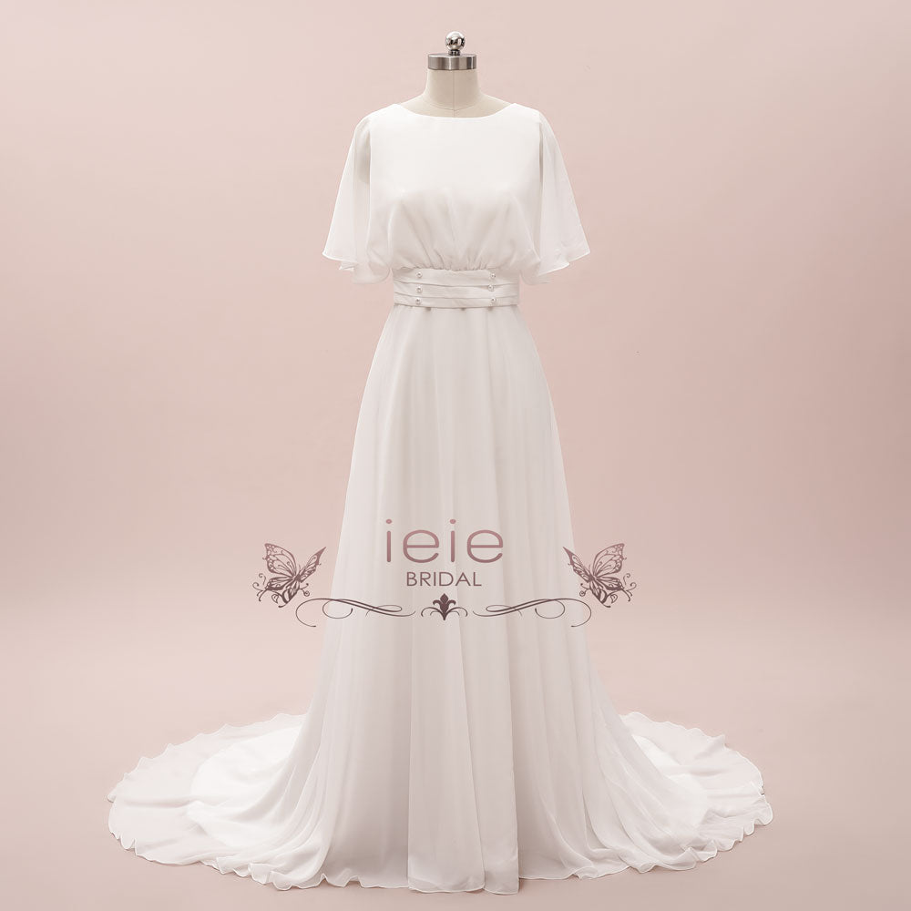 Minimalist Elegant Chiffon Wedding Dress with Short Sleeves | ELRIN