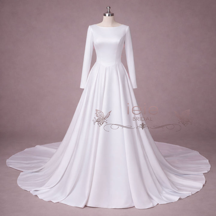 long sleeve silk ball gown wedding dress Simple Elegant Modest Ball Gown Wedding Dress with Long Sleeves