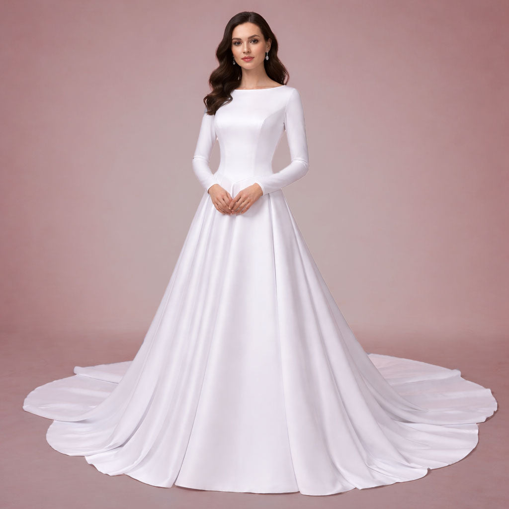 Simple Elegant Modest Ball Gown Wedding Dress with Long Sleeves | JUSTINE