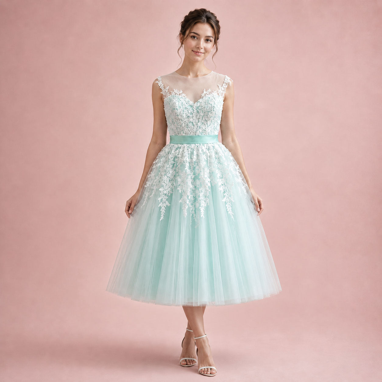 Mint Green Retro Lace Tea Length Prom Formal Dress