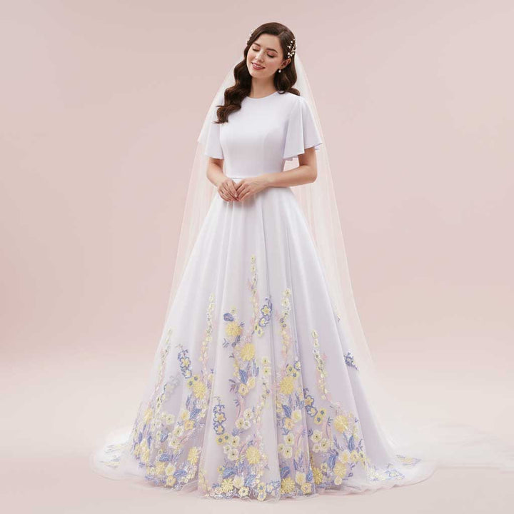 Modest A-line Wedding Dress with Color Embroidered Lace | ROSEMARIE ieie Modest A-line Wedding Dress with Color Embroidered Lace | ROSEMARIE ieie