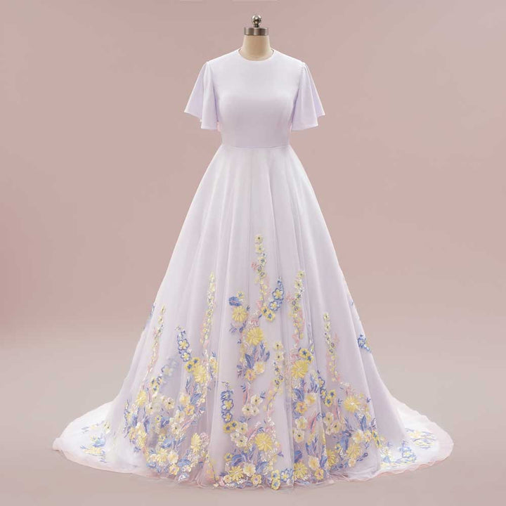 Modest A-line Wedding Dress with Color Embroidered Lace | ROSEMARIE ieie Modest A-line Wedding Dress with Color Embroidered Lace | ROSEMARIE ieie