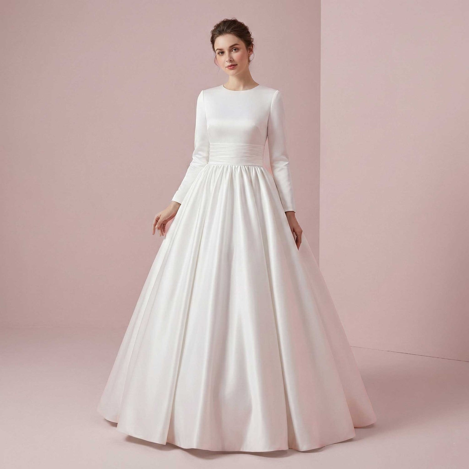 Ready to Wear Modest White Plain Ball Gown Wedding Dress with Long Sleeves | Katrine